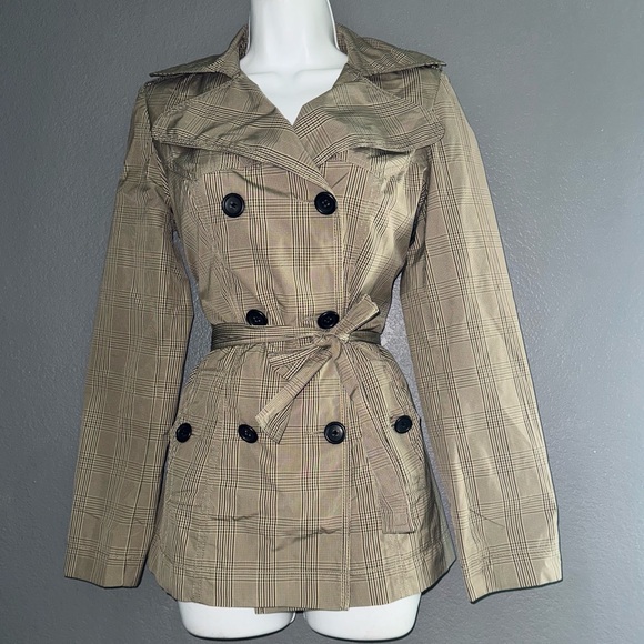 Banana Republic Brown Checkered Long Sleeve Fall Rain Jacket Coat Womens Small - Picture 1 of 7